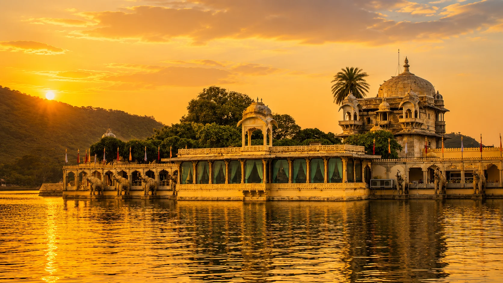Jag Mandir palace on Lake Pichola at sunset