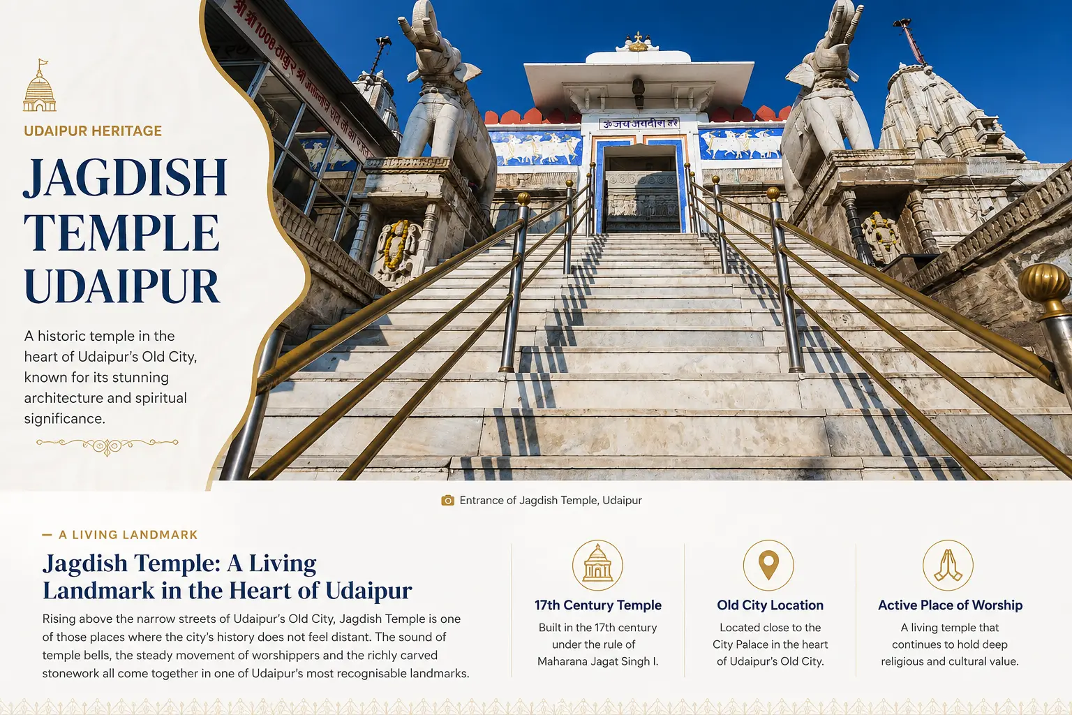Jagdish Temple Udaipur entrance stairs with carved stone elephants