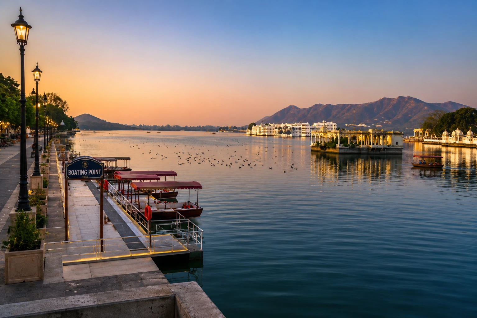 Lake Pichola waterfront with palace architecture and boats in Udaipur