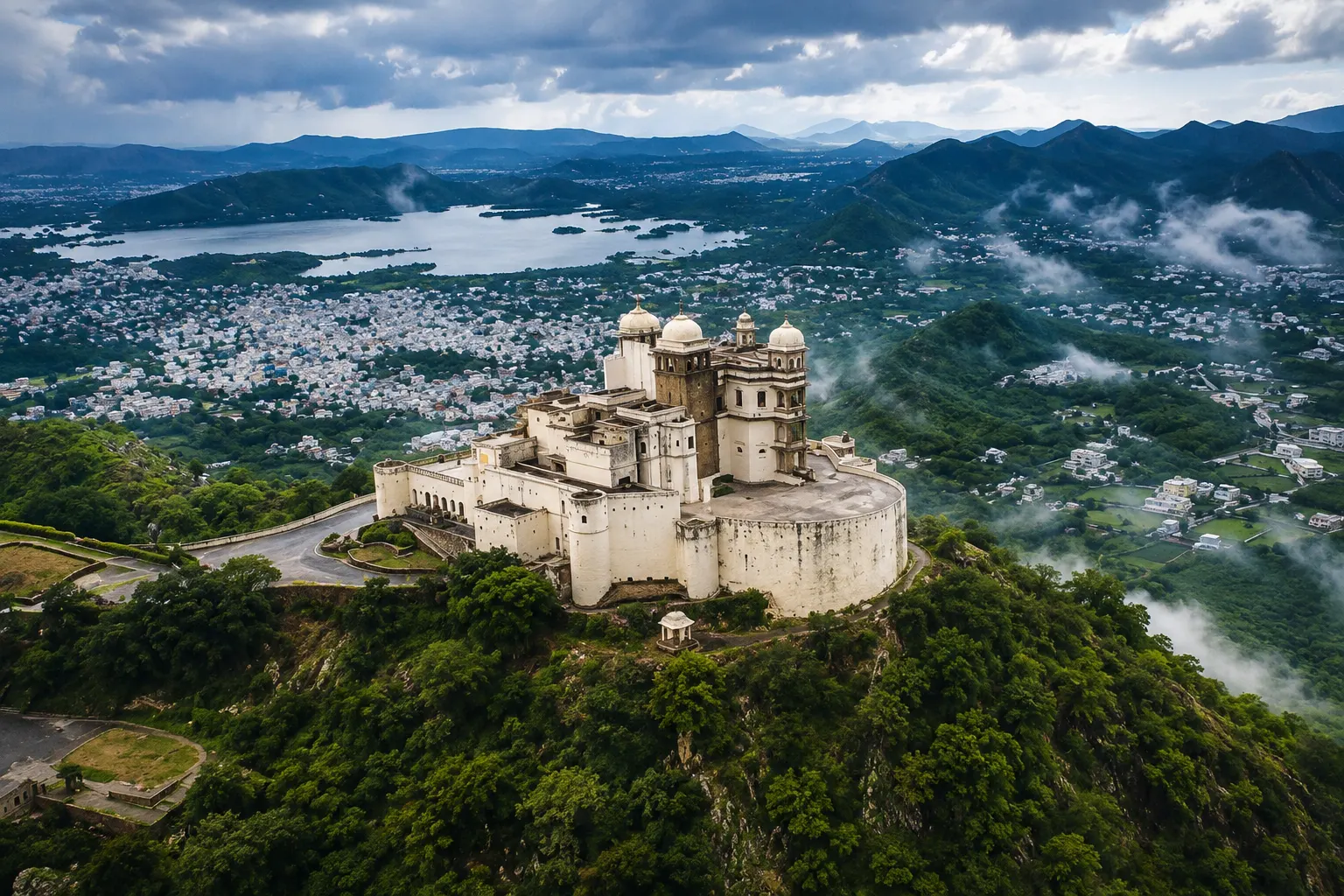 Monsoon Palace overlooking Udaipur during the rainy season