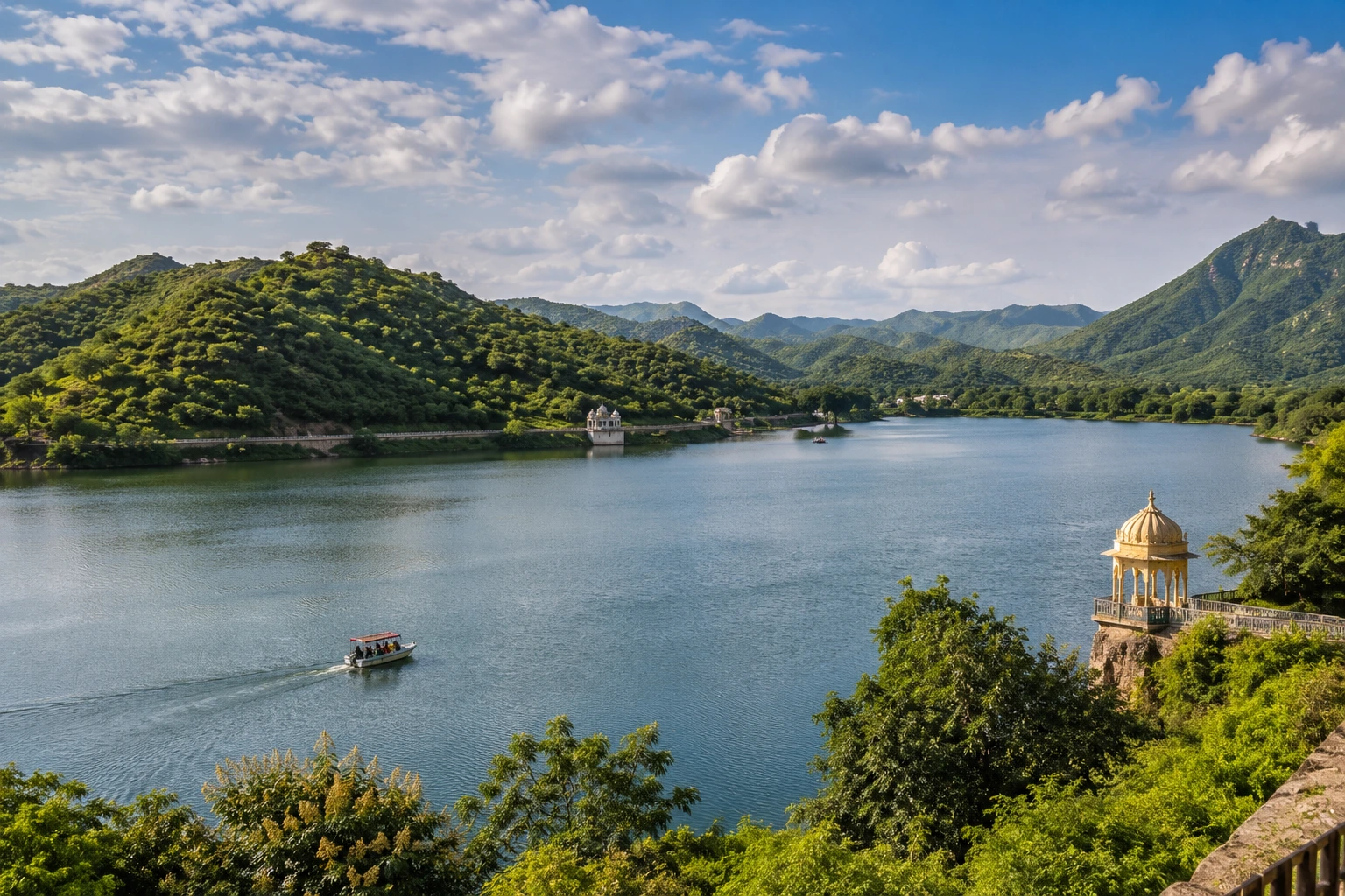 Scenic lake surrounded by green hills and nature near Udaipur