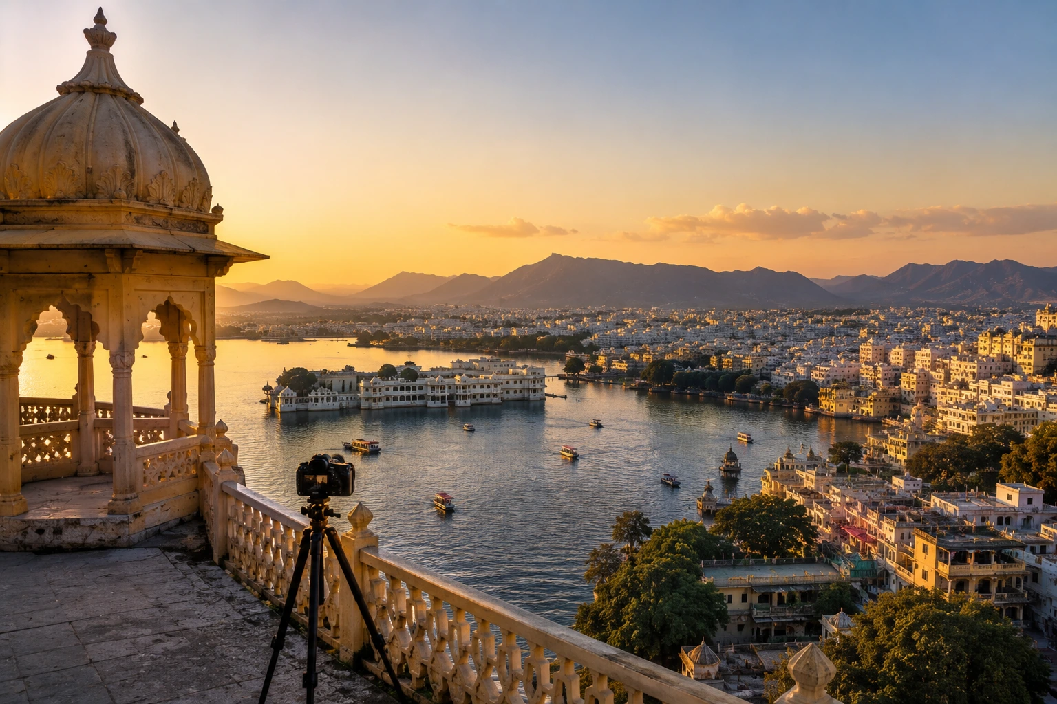 Panoramic Udaipur lake and city view from a heritage viewpoint at sunset