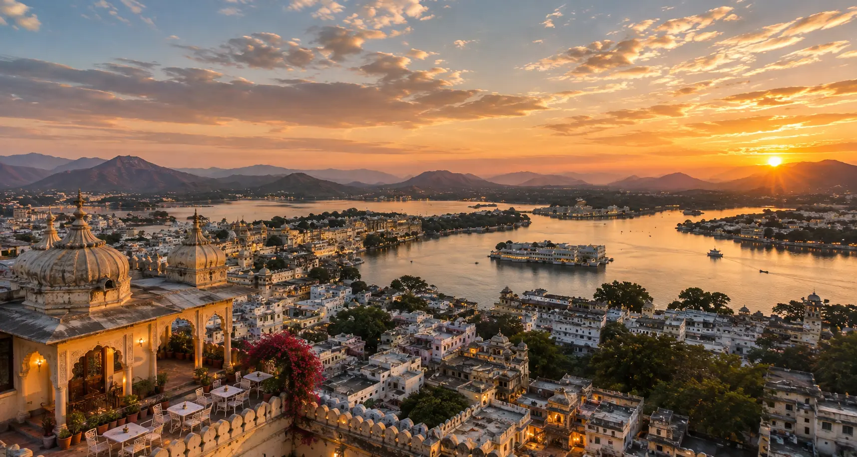 Panoramic view of Udaipur with Lake Pichola and Aravalli hills