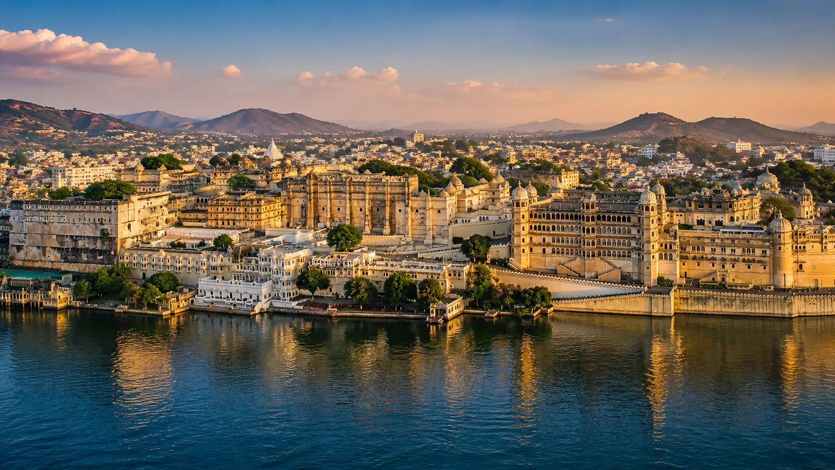 Panoramic view of Udaipur's royal heritage along the lakeside