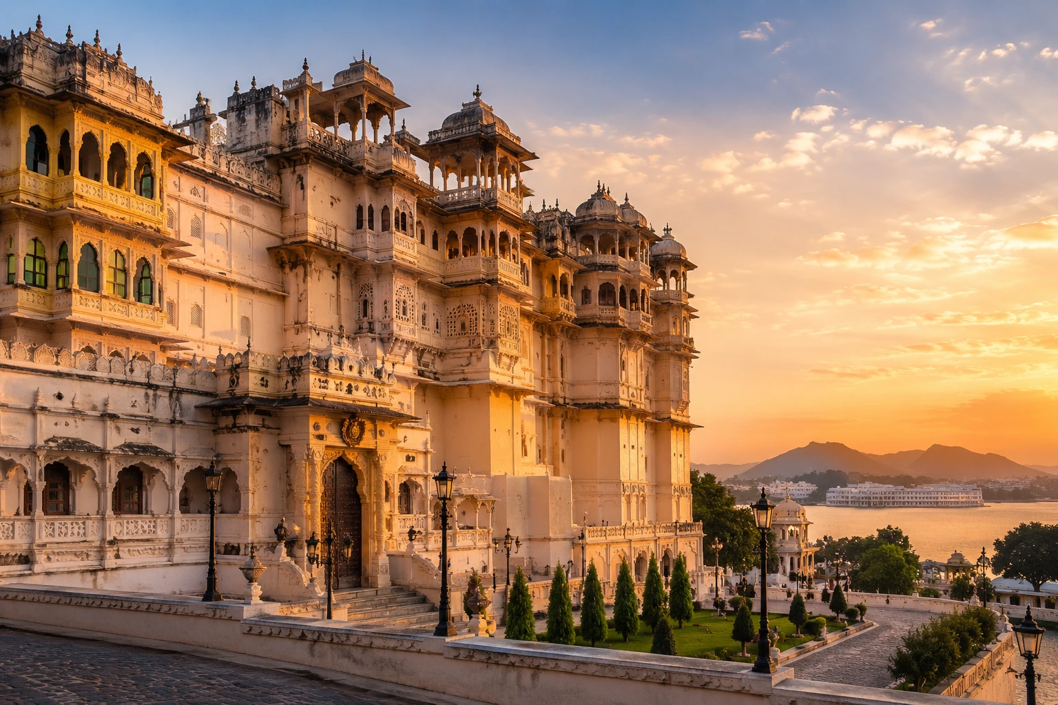 Royal heritage palace in Udaipur illuminated by golden-hour sunlight