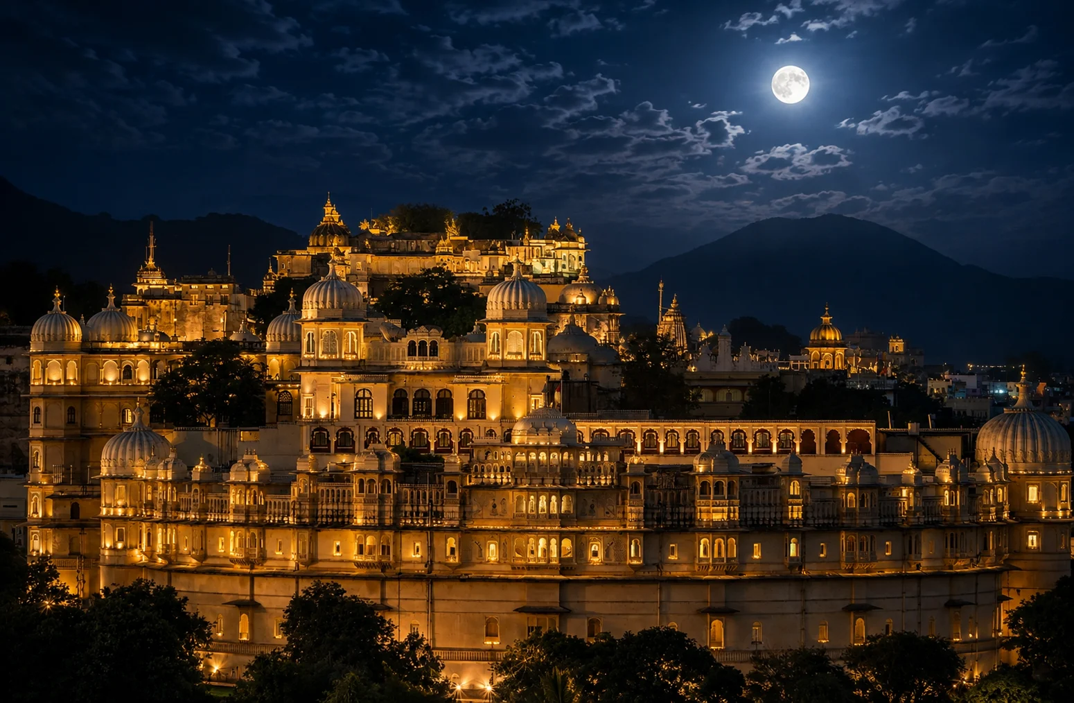 Shiv Niwas Palace illuminated at night in Udaipur