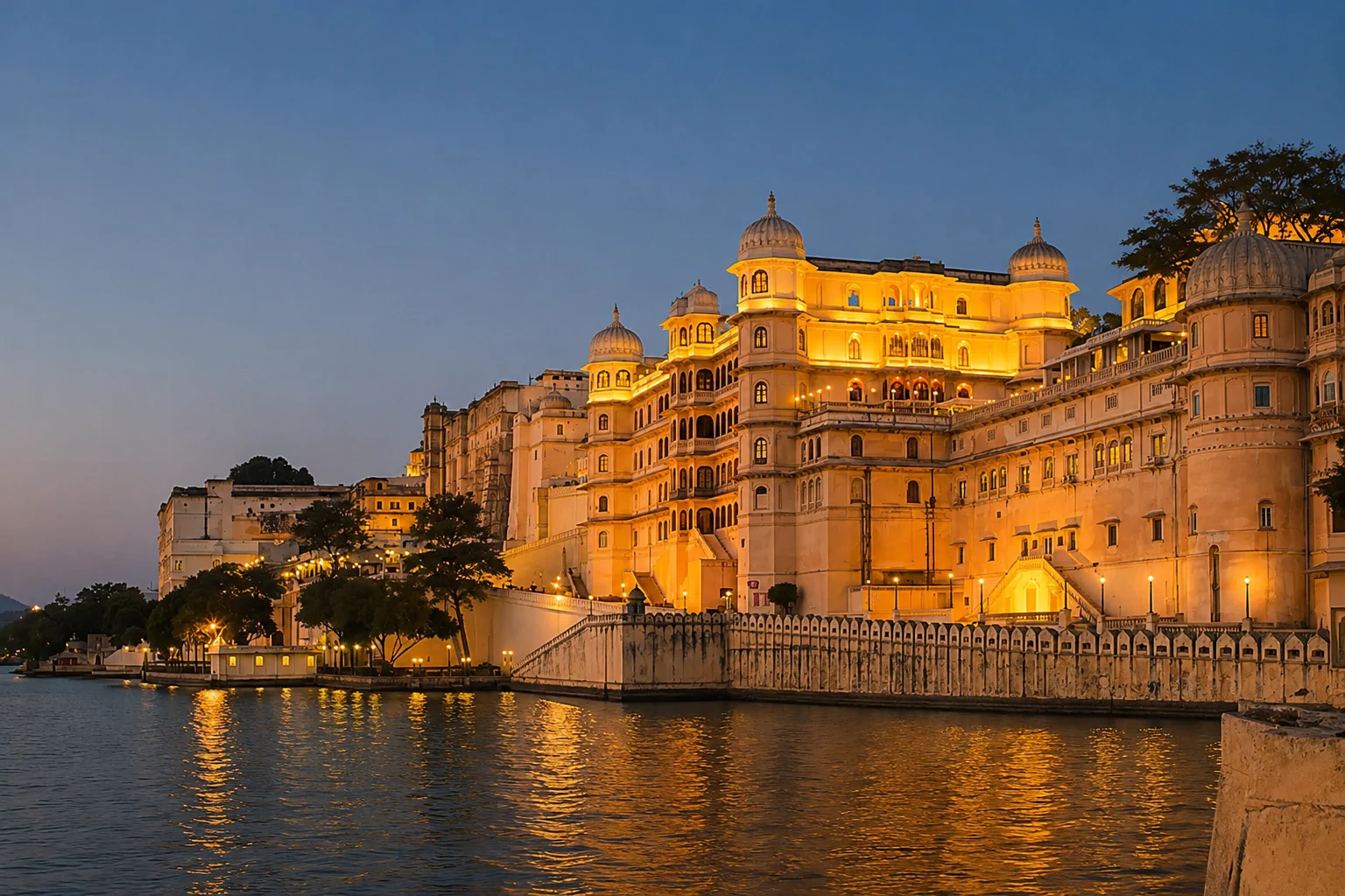 Panoramic view of Udaipur's royal heritage along the lakeside